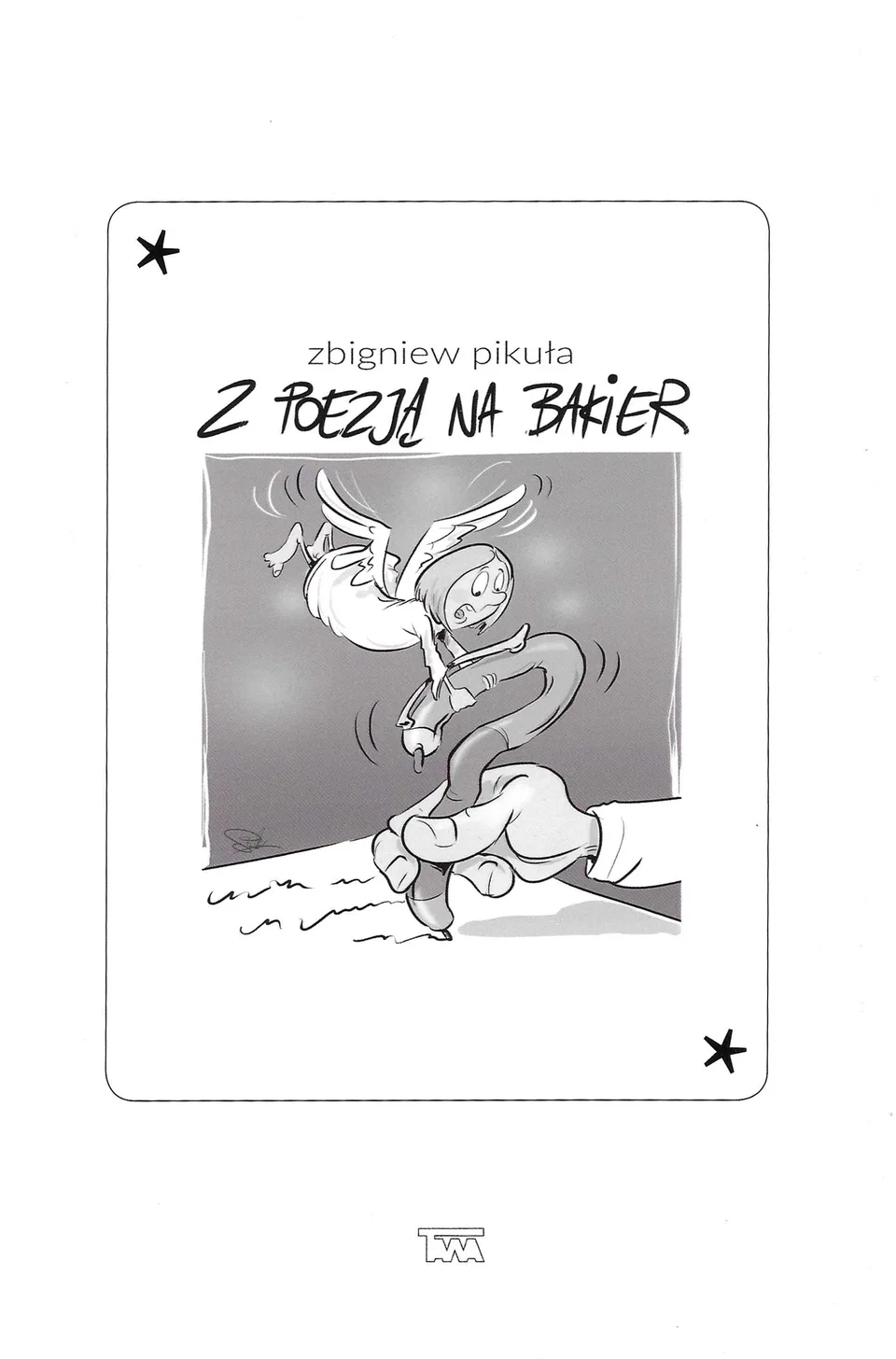Czarno-biała ilustracja strony tytułowej tomiku satyrycznego — anioł z gęsim piórem na dłoni